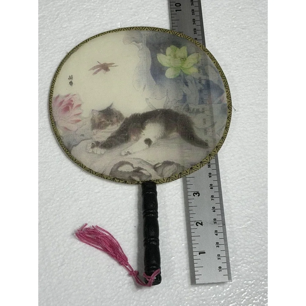 Double Sided Cat Decor Hand Held Painted Fan Chinese Han Ancient Round Fan
